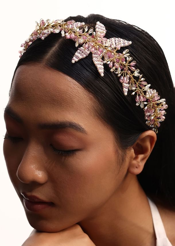 Lilac And White Handcrafted Head Gear In Mix Metal Lilac And White Handcrafted Head Gear In Mix Metal