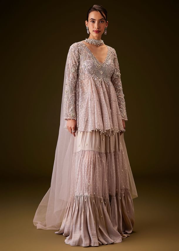 Lilac Banarasi Silk Sharara Set With Choker Dupatta Lilac Banarasi Silk Sharara Set With Choker Dupatta