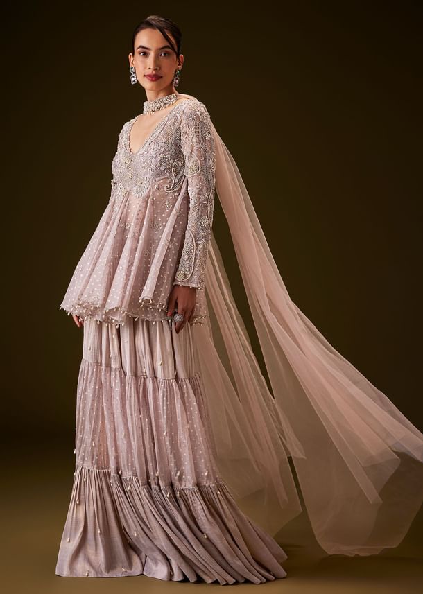 Lilac Banarasi Silk Sharara Set With Choker Dupatta Lilac Banarasi Silk Sharara Set With Choker Dupatta