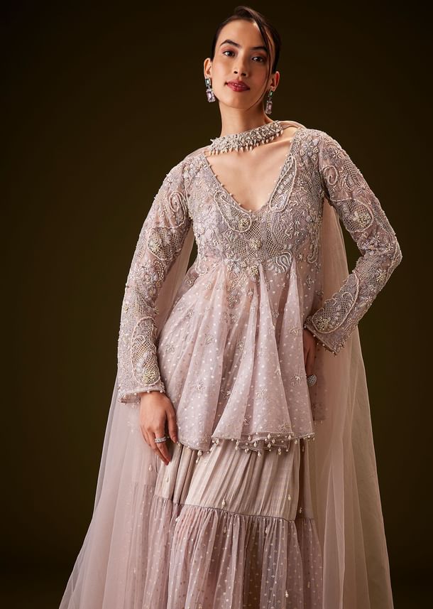 Lilac Banarasi Silk Sharara Set With Choker Dupatta Lilac Banarasi Silk Sharara Set With Choker Dupatta