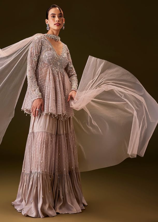 Lilac Banarasi Silk Sharara Set With Choker Dupatta Lilac Banarasi Silk Sharara Set With Choker Dupatta