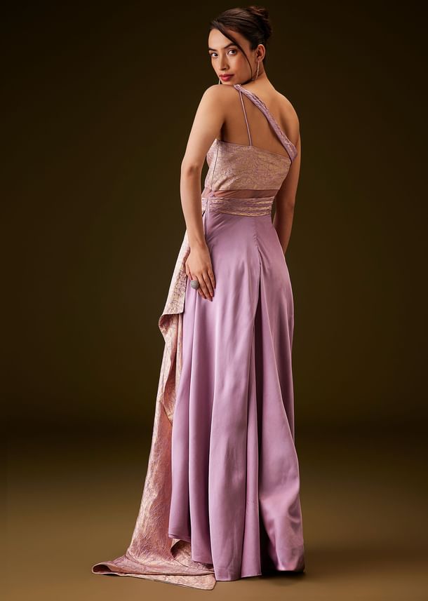 Lilac Brocade Draped Gown With Sculpted Sash