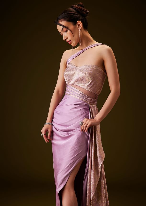 Lilac Brocade Draped Gown With Sculpted Sash