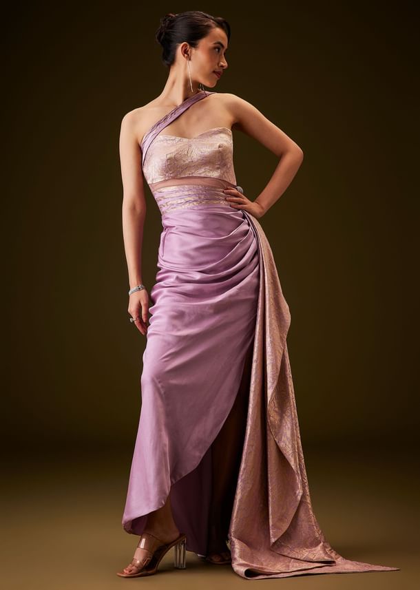 Lilac Brocade Draped Gown With Sculpted Sash
