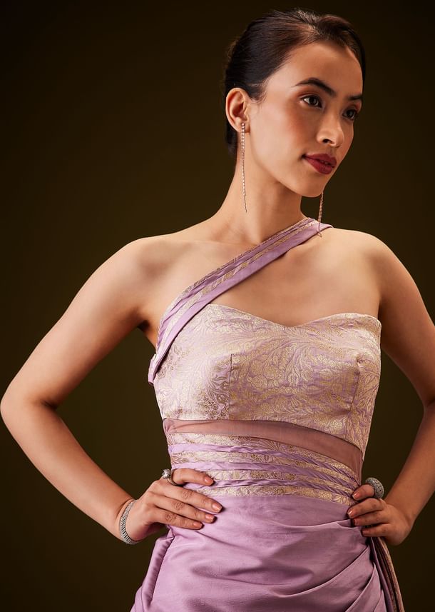 Lilac Brocade Draped Gown With Sculpted Sash