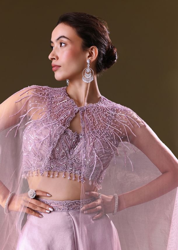Lilac Embroidered Bustier And Cape With Flared Pant