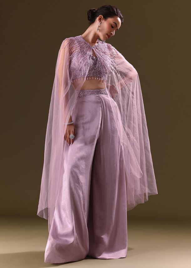 Lilac Embroidered Bustier And Cape With Flared Pant