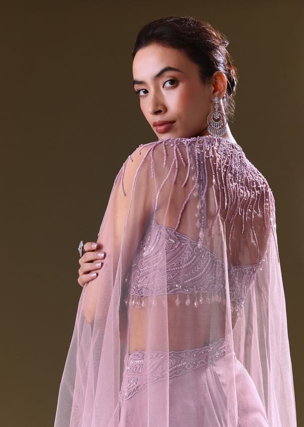 Lilac Embroidered Bustier And Cape With Flared Pant