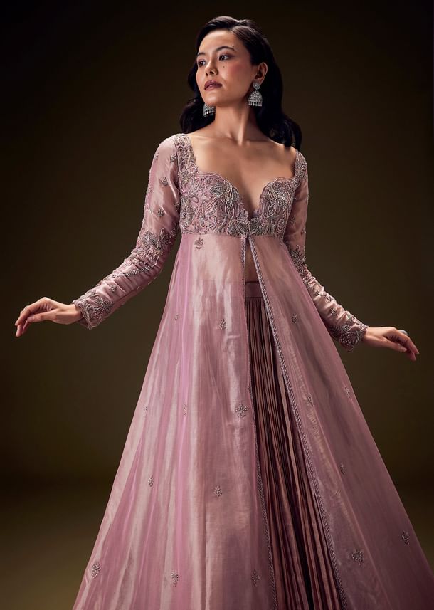 Dusty Lilac Embroidered Long Jacket With Ruched Lehenga