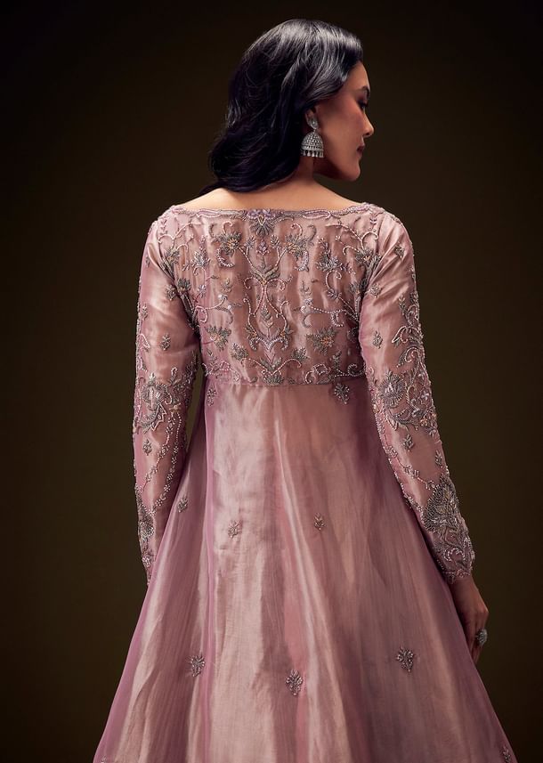 Dusty Lilac Embroidered Long Jacket With Ruched Lehenga