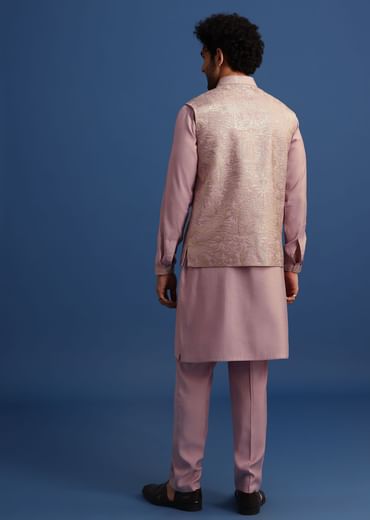 Lilac Embroidered Silk Kurta Jacket Set For Men