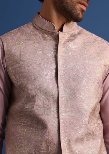 Lilac Embroidered Silk Kurta Jacket Set For Men