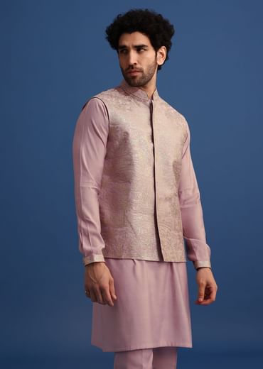 Lilac Embroidered Silk Kurta Jacket Set For Men