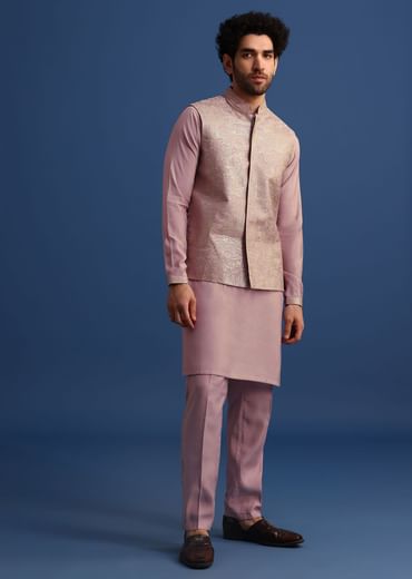 Lilac Embroidered Silk Kurta Jacket Set For Men
