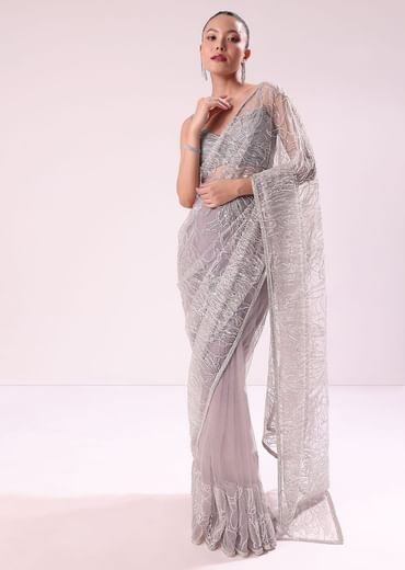 Lilac Fancy Sequence Net Saree With Ruched Stitched