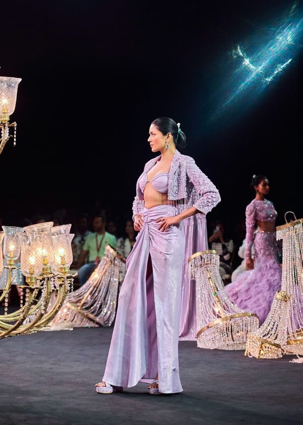 Lilac Foil Print Draped Slit Skirt With Bustier And Short Jacket