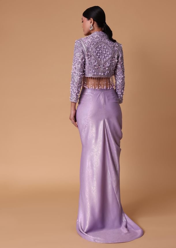 Lilac Foil Print Draped Slit Skirt With Bustier And Short Jacket