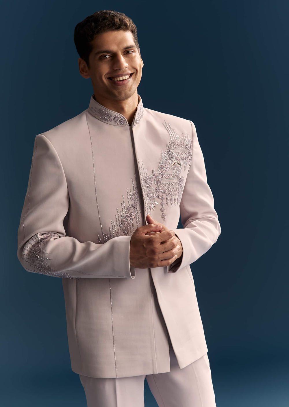 Lilac Jodhpuri Suit For Men With Moti Work And Embellishments