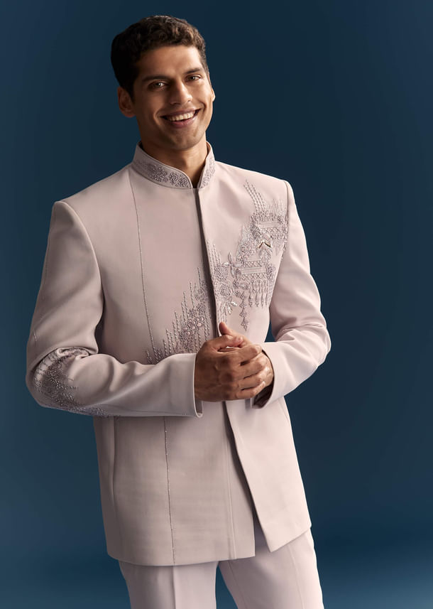 Lilac Jodhpuri Suit For Men With Moti Work And Embellishments