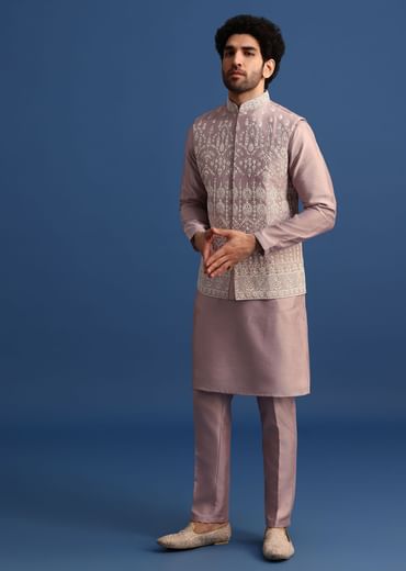 Lilac Kurta Jacket Set With Thread Work For Men
