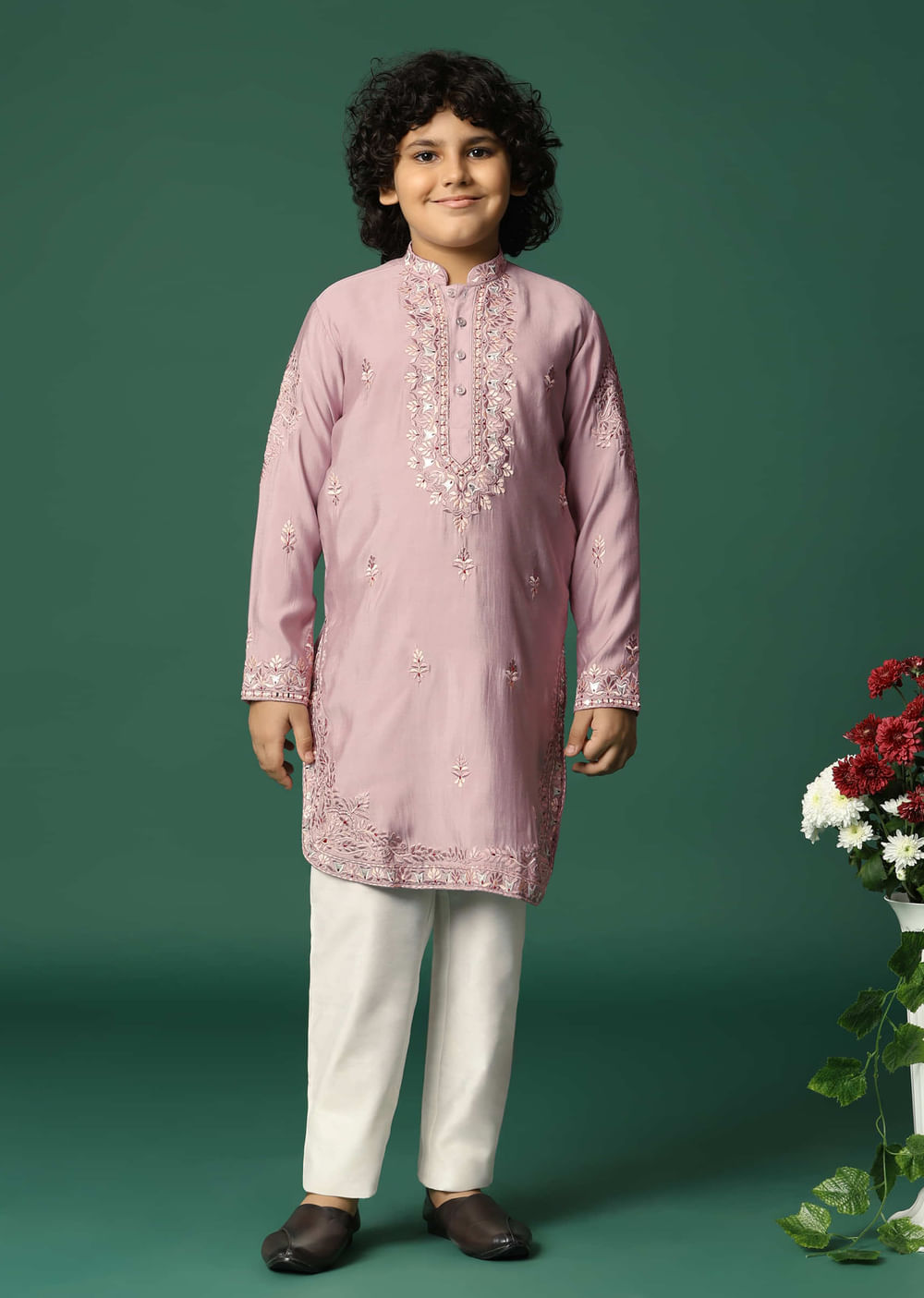 Lilac Kurta Pant With Resham Work For Boys