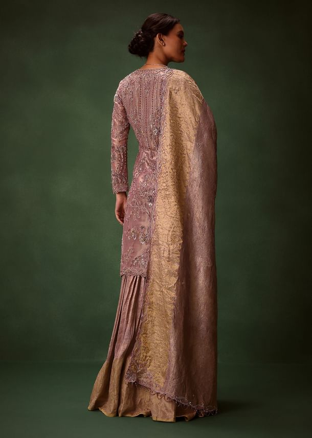 Lilac Platinum Tissue Kurti Set With Hand Embroidered Gharara Pants And Dupatta