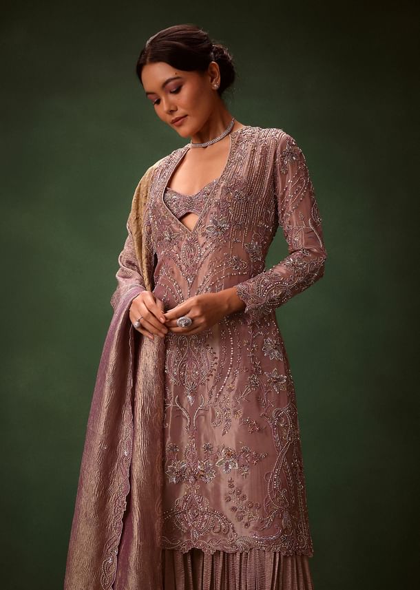 Lilac Platinum Tissue Kurti Set With Hand Embroidered Gharara Pants And Dupatta
