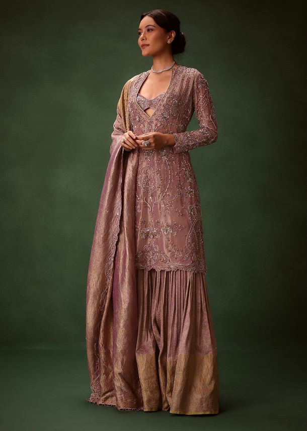 Lilac Platinum Tissue Kurti Set With Hand Embroidered Gharara Pants And Dupatta