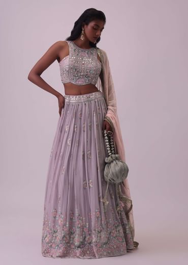 Lilac Purple Embroidered Georgette Lehenga and Silk Blouse Set
