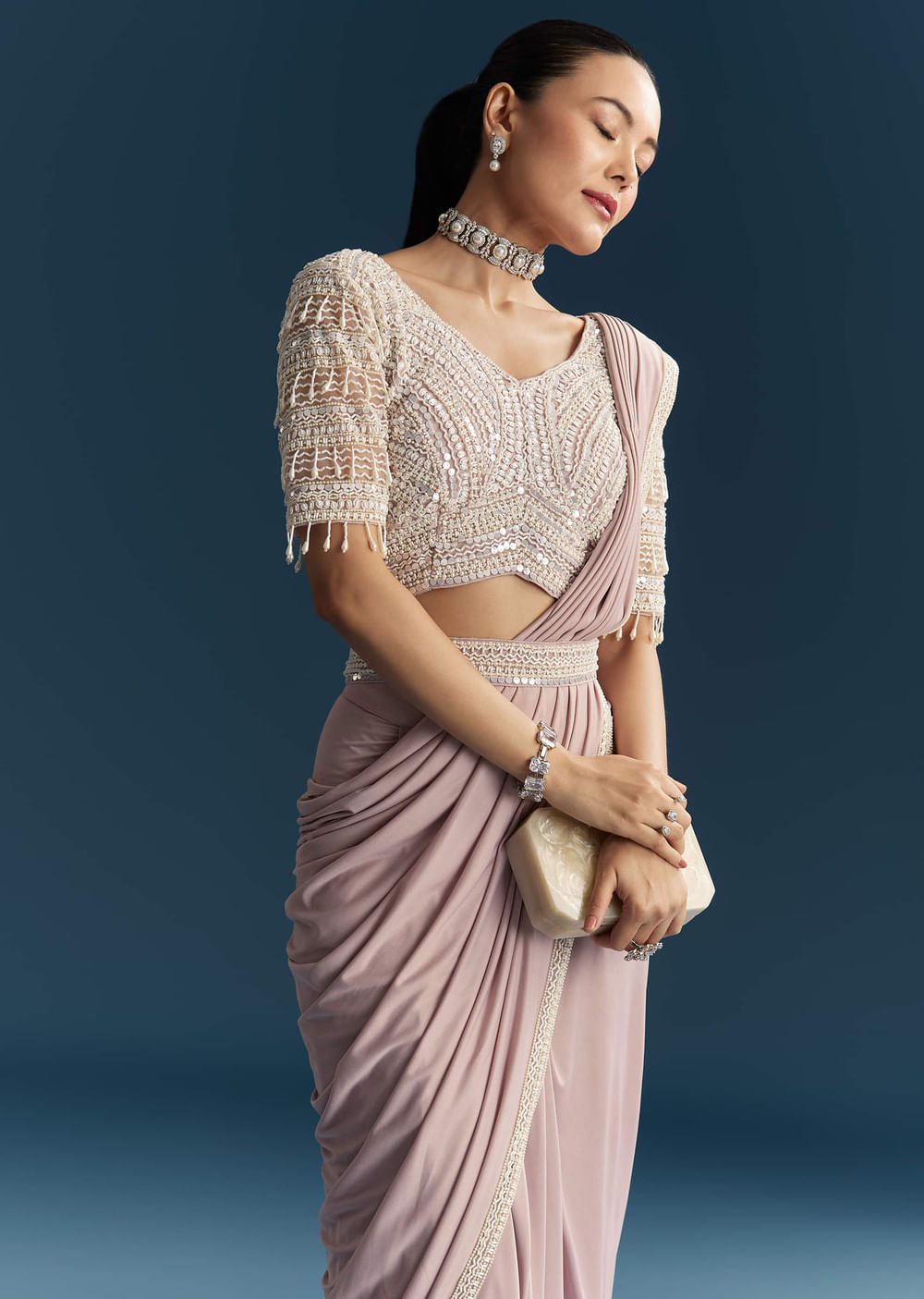 Lilac Ready Pleated Saree With Sequins And Moti Work