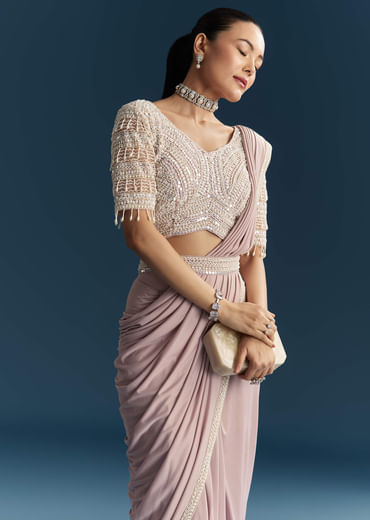 Lilac Ready Pleated Saree With Sequins And Moti Work