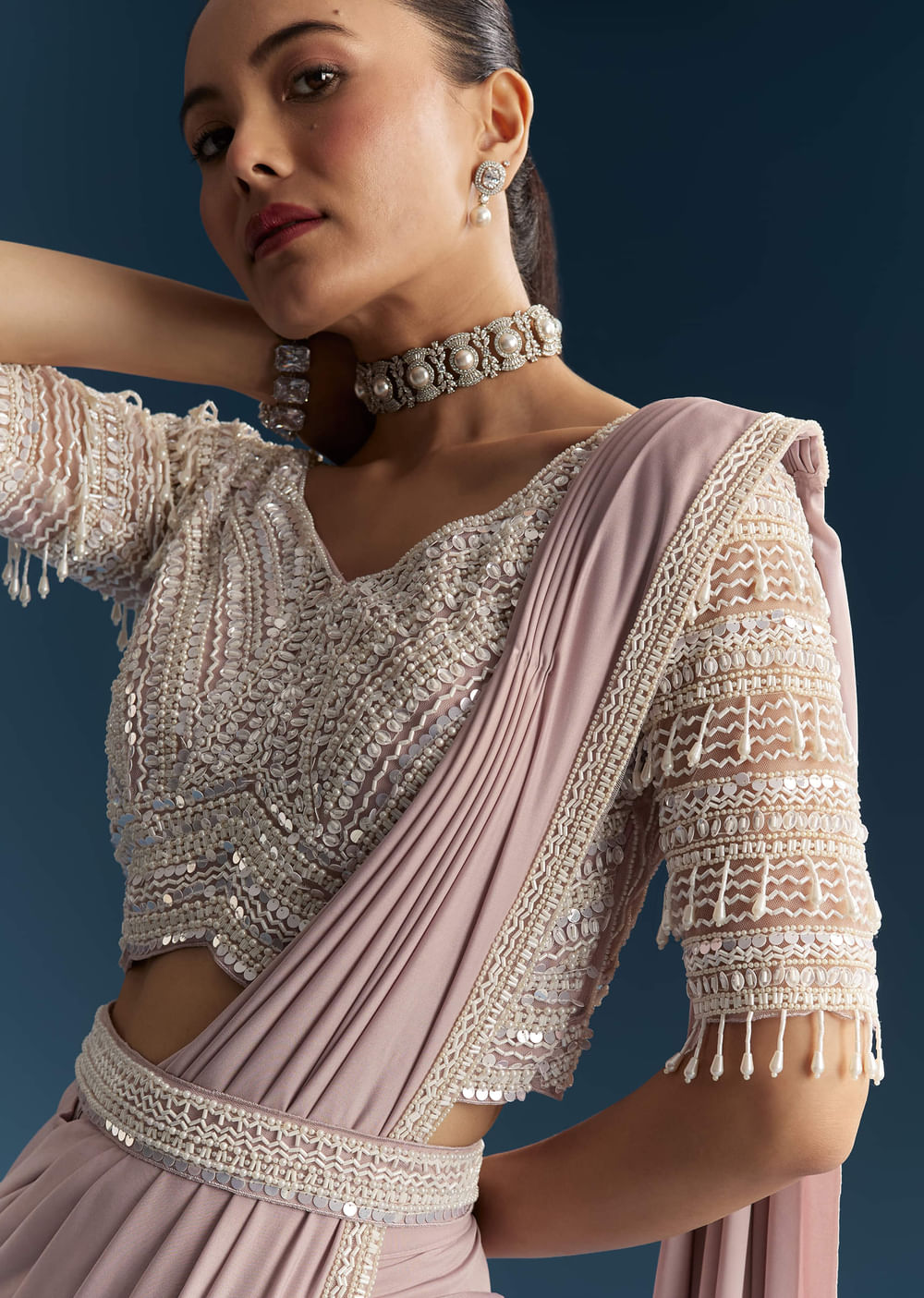 Lilac Ready Pleated Saree With Sequins And Moti Work