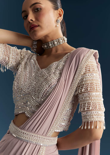 Lilac Ready Pleated Saree With Sequins And Moti Work