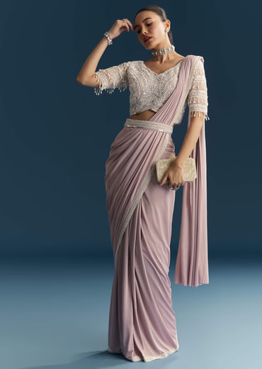 Lilac Ready Pleated Saree With Sequins And Moti Work