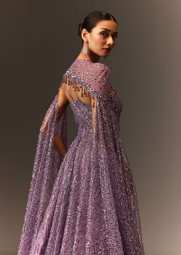 Lilac Sequin Gown With Attached Cheeta Work Cape Sleeves