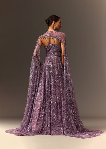 Lilac Sequin Gown With Attached Cheeta Work Cape Sleeves