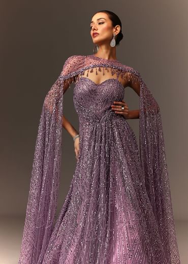 Lilac Sequin Gown With Attached Cheeta Work Cape Sleeves