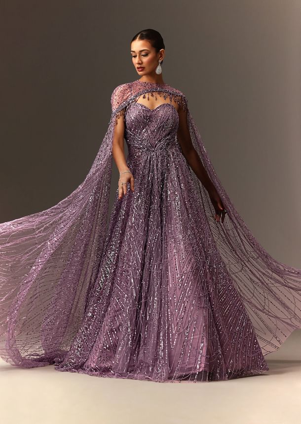 Lilac Sequin Gown With Attached Cheeta Work Cape Sleeves