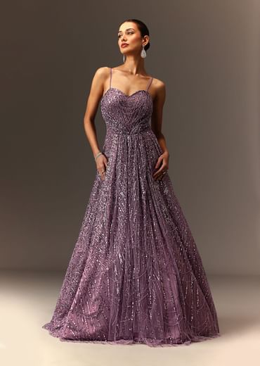 Lilac Sequin Gown With Attached Cheeta Work Cape Sleeves