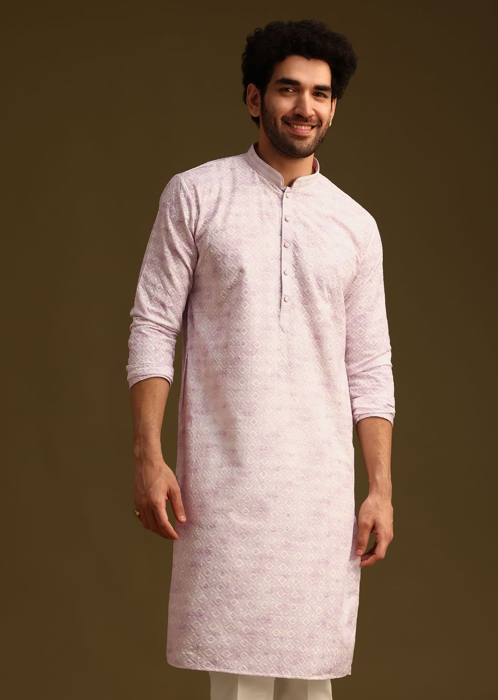 Lilac Silk Schiffli Work Kurta And Pant