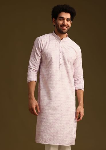 Lilac Silk Schiffli Work Kurta And Pant