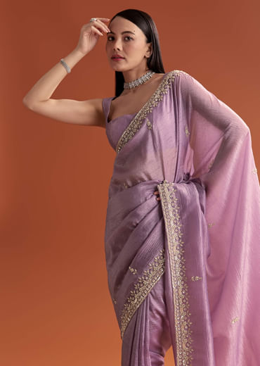 Lilac Tissue Saree With Butti And Border Embroidery