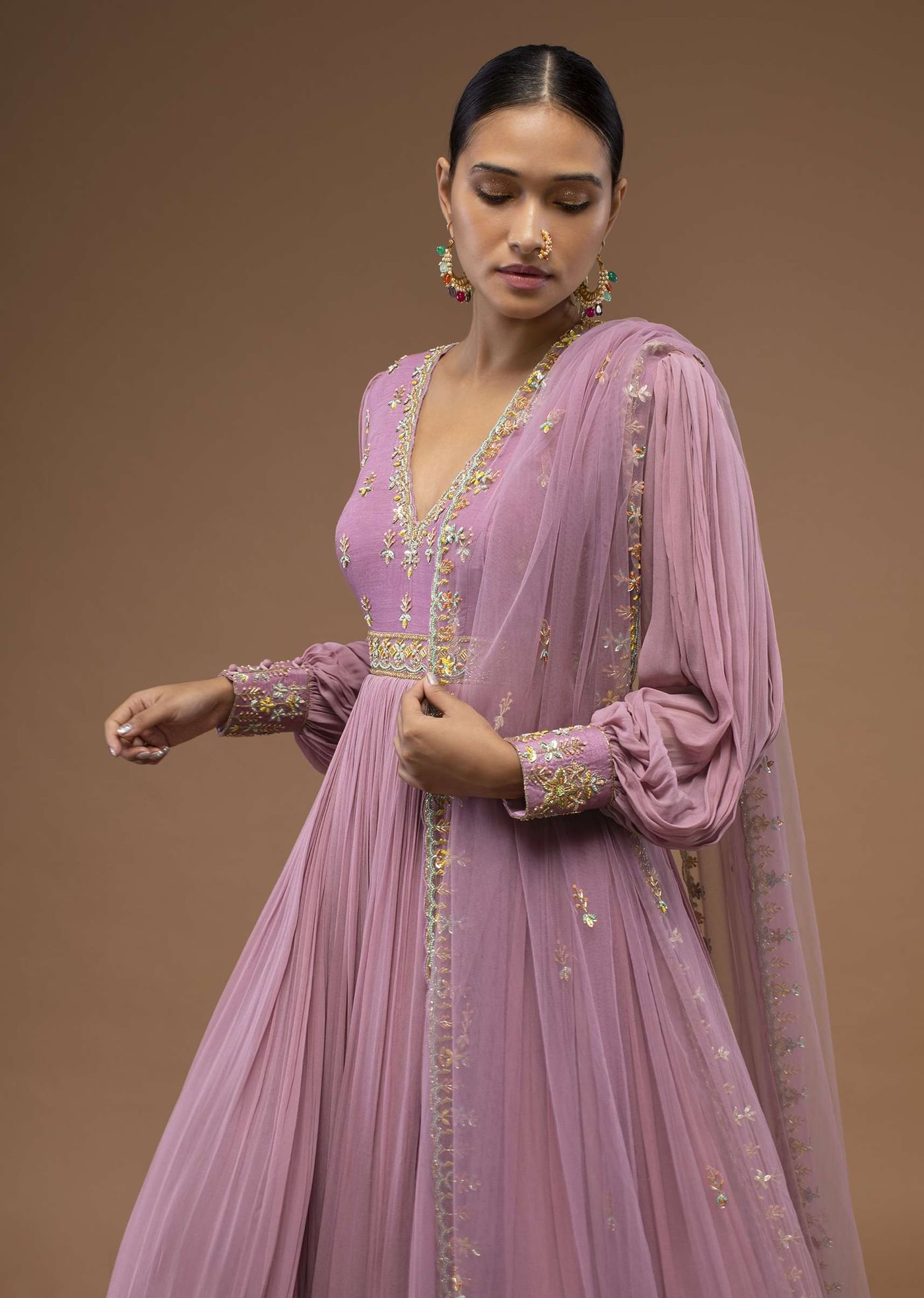 Lilas Pink Floor-Length Suit In Balloon Sleeves, Crafted In Georgette With A Scalloped Neckline And Moti, Cut Dana Embroidery On The Yoke