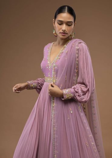 Lilas Pink Floor-Length Suit In Balloon Sleeves, Crafted In Georgette With A Scalloped Neckline And Moti, Cut Dana Embroidery On The Yoke