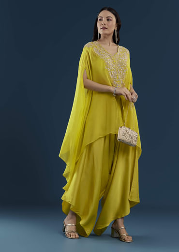 Lime Green Cape Top and Dhoti Set with Zardozi Work