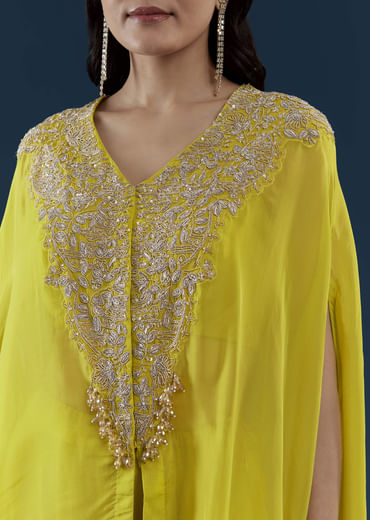 Lime Green Cape Top and Dhoti Set with Zardozi Work