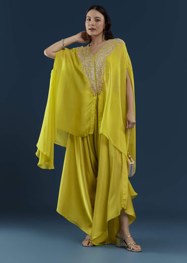 Lime Green Cape Top and Dhoti Set with Zardozi Work