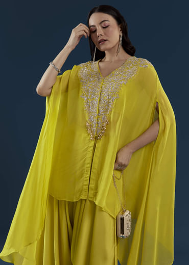 Lime Green Cape Top and Dhoti Set with Zardozi Work