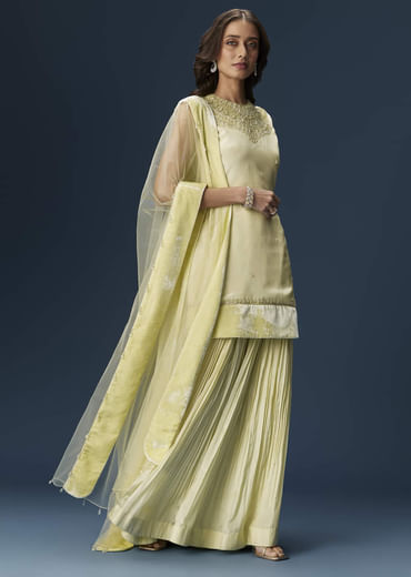 Lime Green Palazzo Suit With Embroidered Necklace