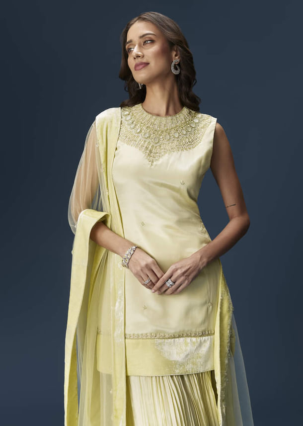 Lime Green Palazzo Suit With Embroidered Necklace